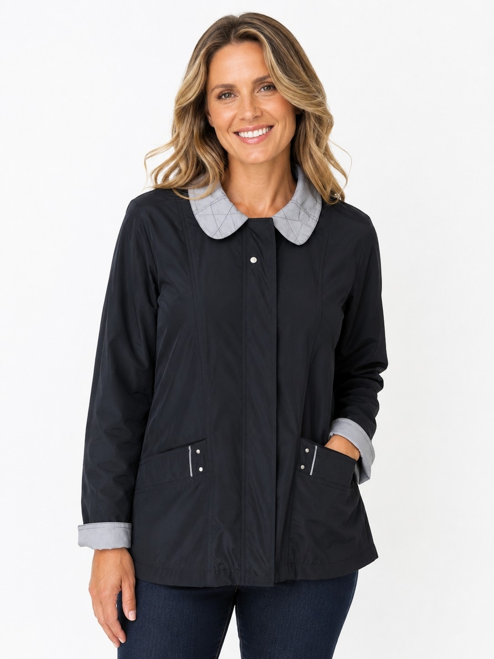Vintage White Stag Black Windbreaker Barn Jacket, Quilted Peter Pan Collar XS